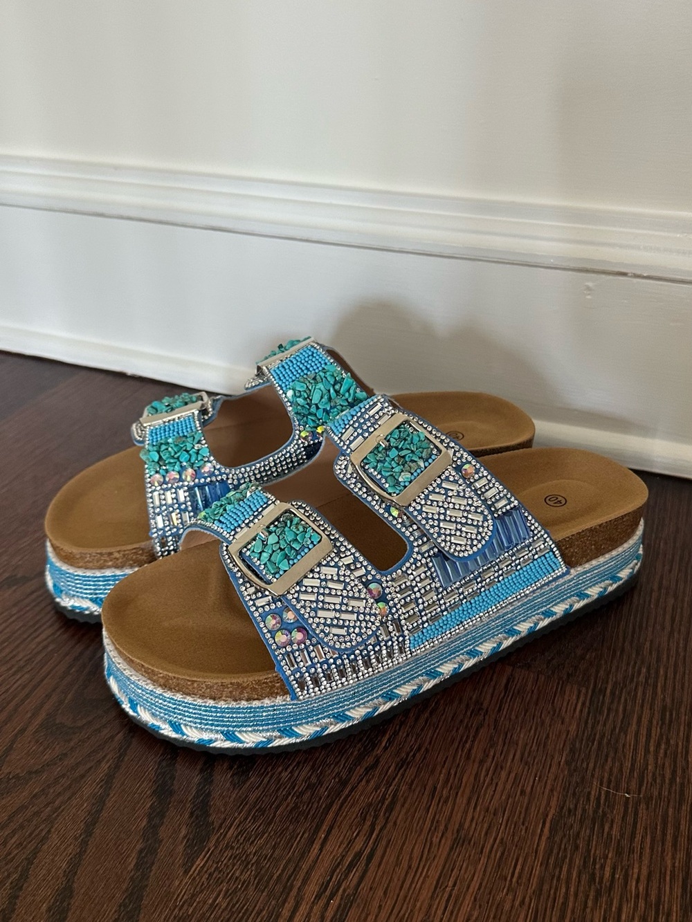 Beaded Turquoise Platform Slide Sandals